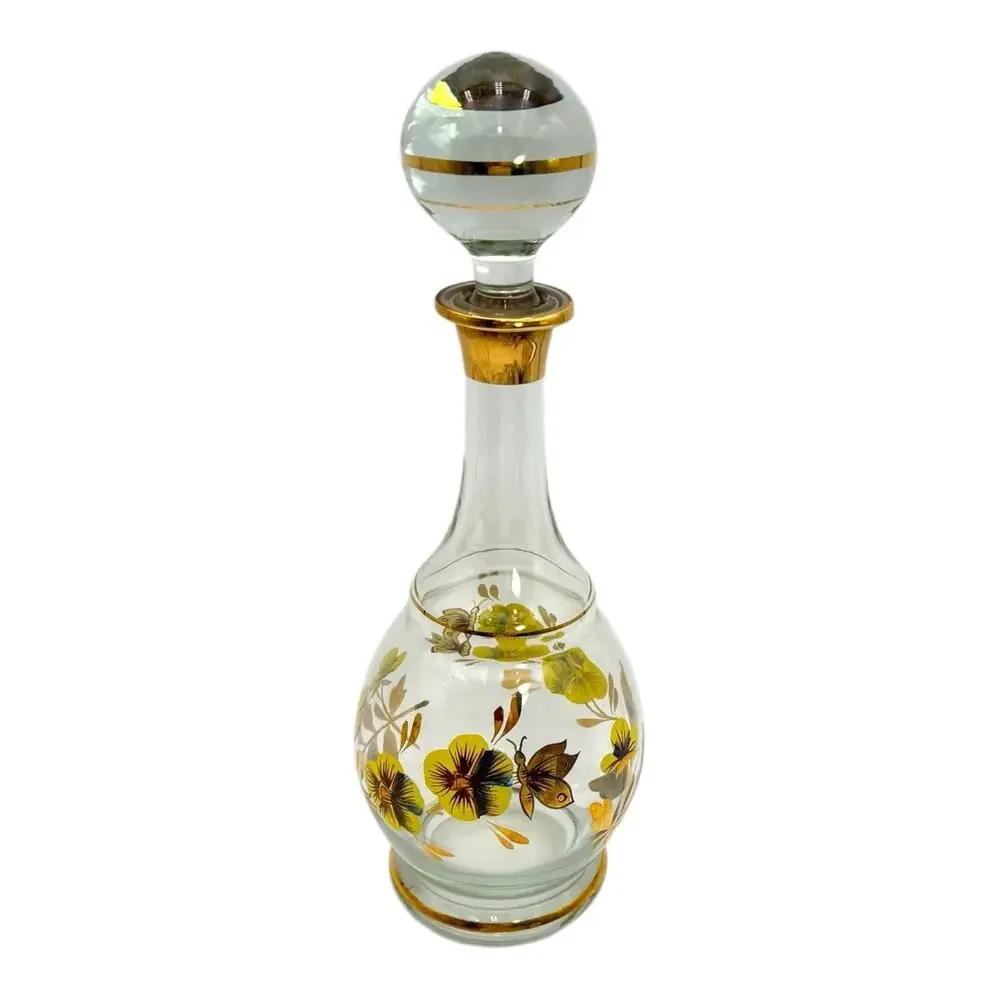 Vtg Romanian Hand Painted Crystal Floral Decanter & 5 Stemmed Glasses Yellow EUC